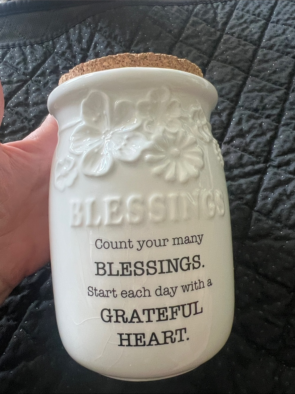 Ganz Ceramic Blessings Jar with Cork Lid - White Embossed Gratitude Canister